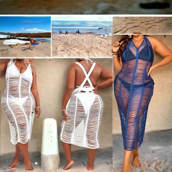 Halter l Blue / White l Soft Stretch l Swimsuit Cover Up, Dress l OX-3X l New - Picture 1 of 10